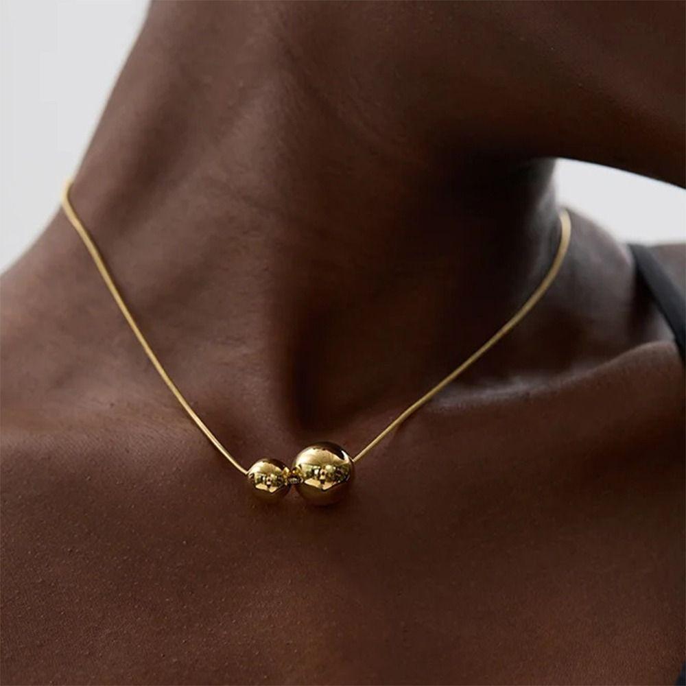 Minimalist Stainless Steel Round Ball Beads Pendant Necklace Waterproof Metal Gold Color Trendy Sweater Chain Necklace for Women
