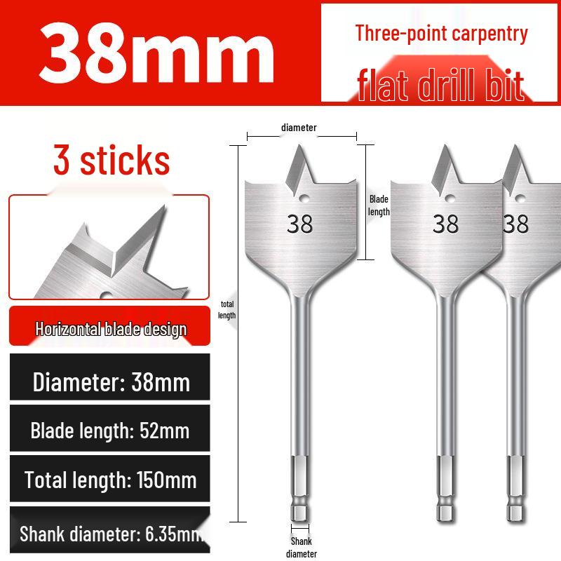 Hex Shank Flat Drill Set for Woodworking: 3-Point Blade for Lock Hole & Drawer Door Enlarging
