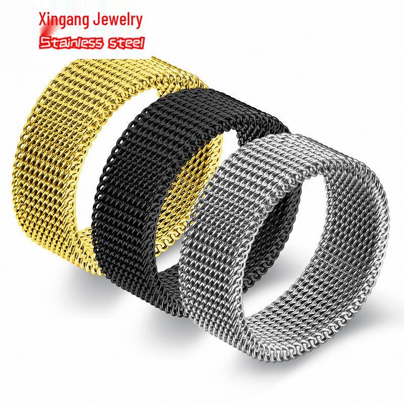 Triple-Tone Titanium Steel Men's Fashion Ring, 8mm Stainless Mesh, Fade-Resistant Business Style