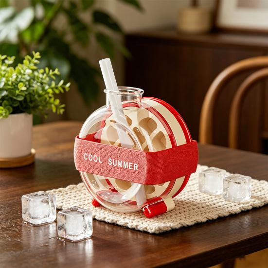 Ice Cube Bottle, 2 In 1 Ice Cube Making Bottle with Straw, Portable Touch Free Ice Cube Mold Trays, Easy Press To Release Ice Tray with Lid for Indoor