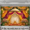 Gold-decorated lantern backdrop fabric with an Indian traditional theme featuring orange marigolds and pink roses