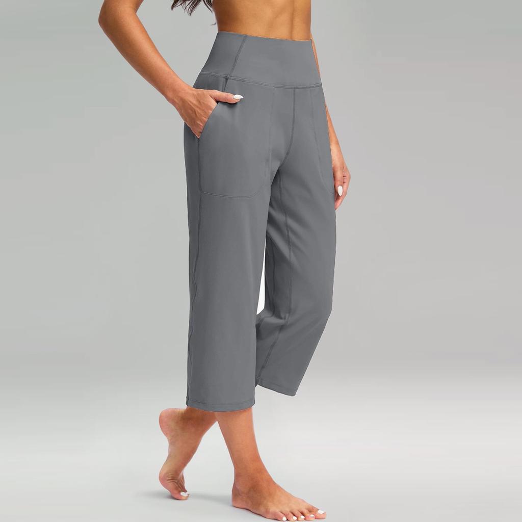 Women's High Waist Wide Leg Capri Pants with Pockets Comfortable Stretch Cropped Trousers for Casual or Yoga Wear