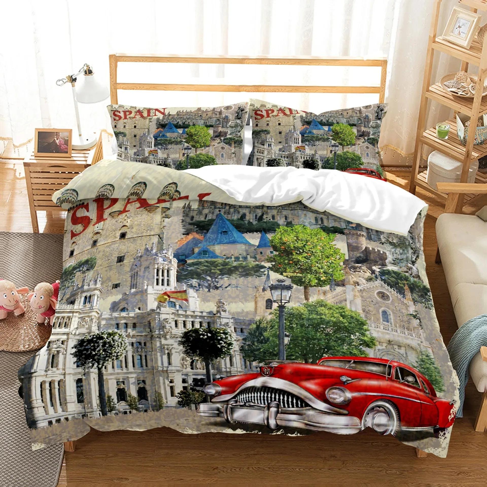Housse de couette Statue de la Liberté New York Taille King Queen Voiture Rétro Nostalgique Années 50 Literie, Housse de couette Quilt en Polyester Voiture Vintage pour Homme 70x133cm 2pcs