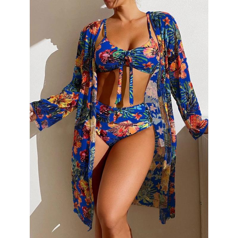 Split Three Piece Floral Printed Swimsuit Women Bikini Set Wireless Bra with Pad Sport Top Long sleeve Blouse Swimwear Plus Size
