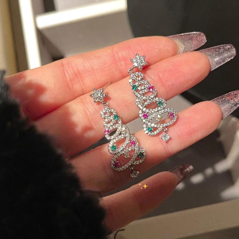 Korean Zircon Christmas Tree Earrings Rhinestone Crystal Star Drop Earring Gift