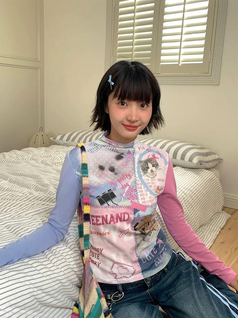 Y2k Harajuku Patchwork T Shirts Women American Retro Cat Dog Streetwear Pet Print Slim Cute Tees Tops 2000s Soft Girl Spring