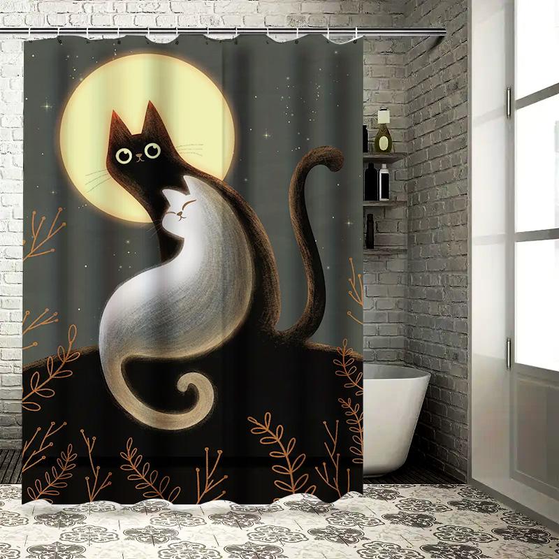 Modern Bathroom Decor Shower Curtain featuring a cozy night with cats perfect for adding a touch of whimsy to your bathroom deco