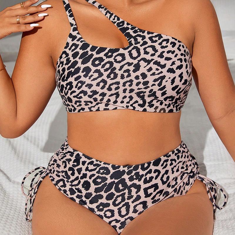 2024 Plus Size Leopard Print One-Shoulder Bikini Women's Swimsuit