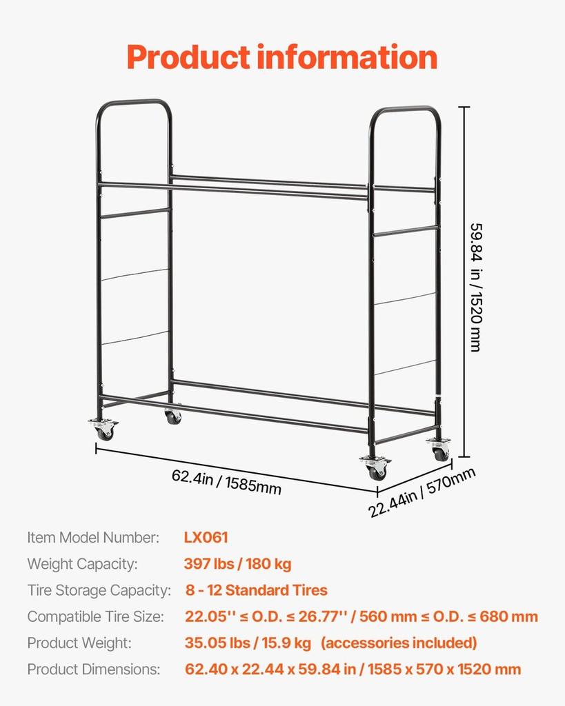 Rolling Tire Storage Rack 2-Shelf Tire Holder Hold up to 12 Standard Tires