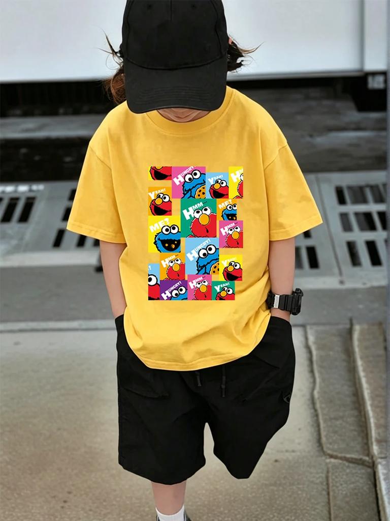 Cute Sesame Street Cartoon Short Sleeve Tee For Children Summer Casual Crewneck Top Boys Girls Age 3-14