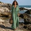 Women Summer Long Dress, 3/4 Sleeve Ruffle V Neck Maxi Dress, Casual Loose Fit Flowy Beach Vacation Sundress