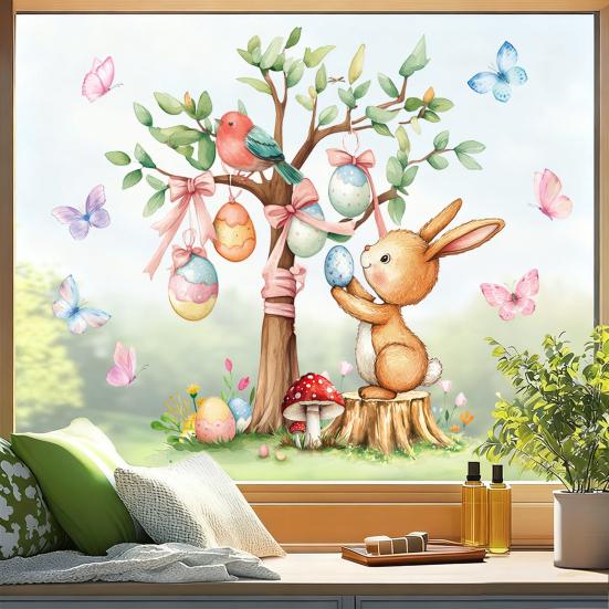 Easter Bunny Window Sticker Waterproof PVC Self-adhesive Home Office Living Room Colorful Egg Tree Rabbit Wall Art Decoration Decal