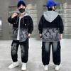 Jungen und Kinder Denim, Große Kinder Frühling und Herbst Koreanische Version des Zweiteiligen Westlichen Stil Schönen Anzugs für Jungen Zum Draußen Tragen