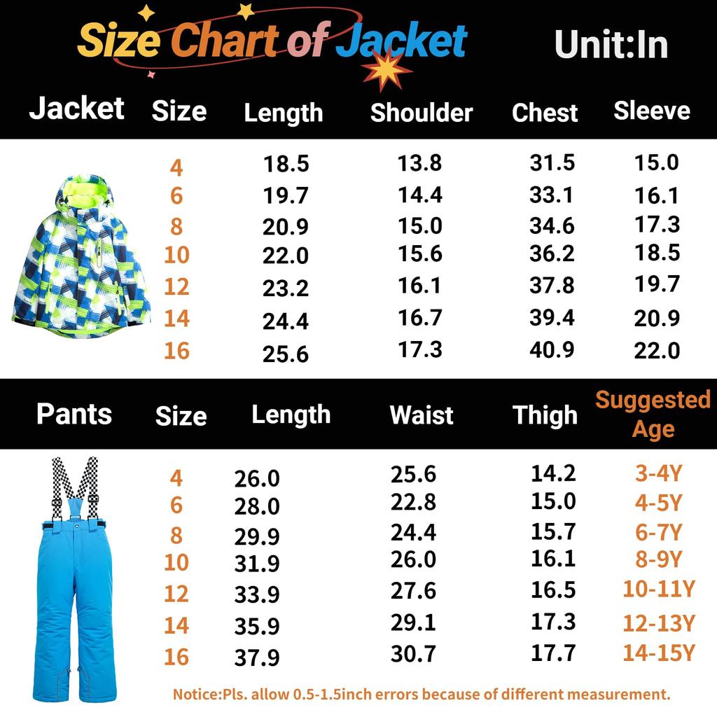 WOWULOVELY Snowboarding Apparel Set for Skiing and Sizes Jacket and Pants Waterproof and Warm for Snow Play Top and Bottom Size Kids' Boys,