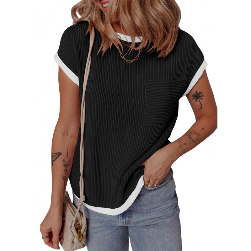 Women's Fashion 2026 Summer New Round Neck Knitted Twist Top Casual Color Block T-shirt