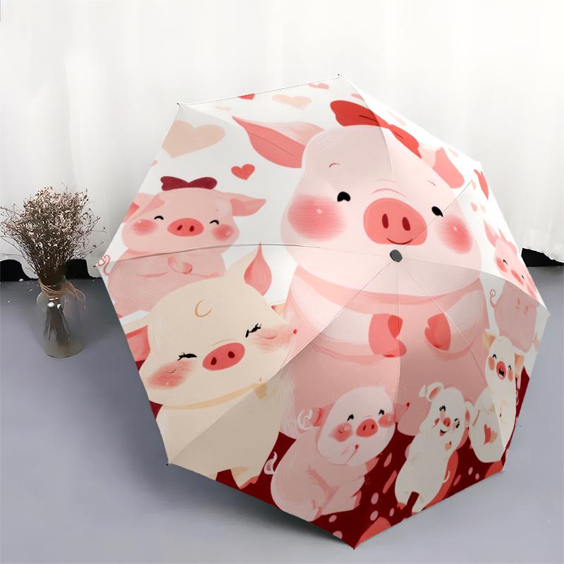 Pig Pattern, Automatic Folding Umbrella, Portable and Foldable Design, 8 Ribs, a Christmas or Birthday Gift.