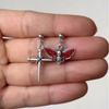 Punk Gothic Sliver Color Stainless Steel Cross Red Moth Skull Asymmetry Dangle Earrings for Women Hallowmas Party Jewelry Gifts