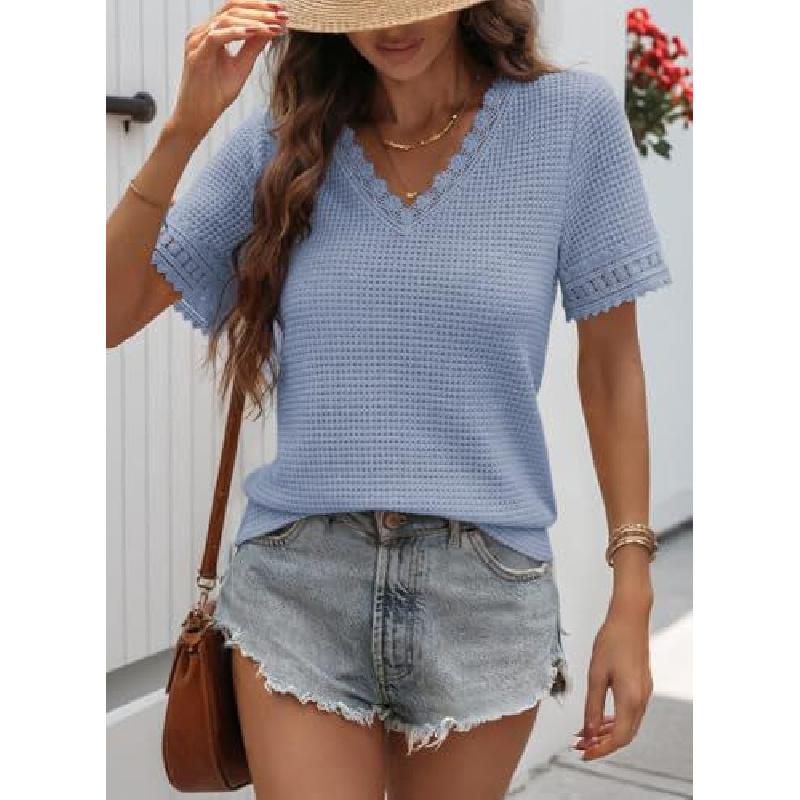 2026 Spring/Summer Women's V-neck Casual Waffle Lace Trim Short Sleeve Top