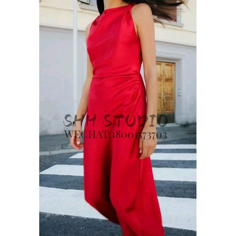 Spring Red New Style Evening Dress Vest Long Dress French Silk Satin Texture Midi Skirt Dress 8372090