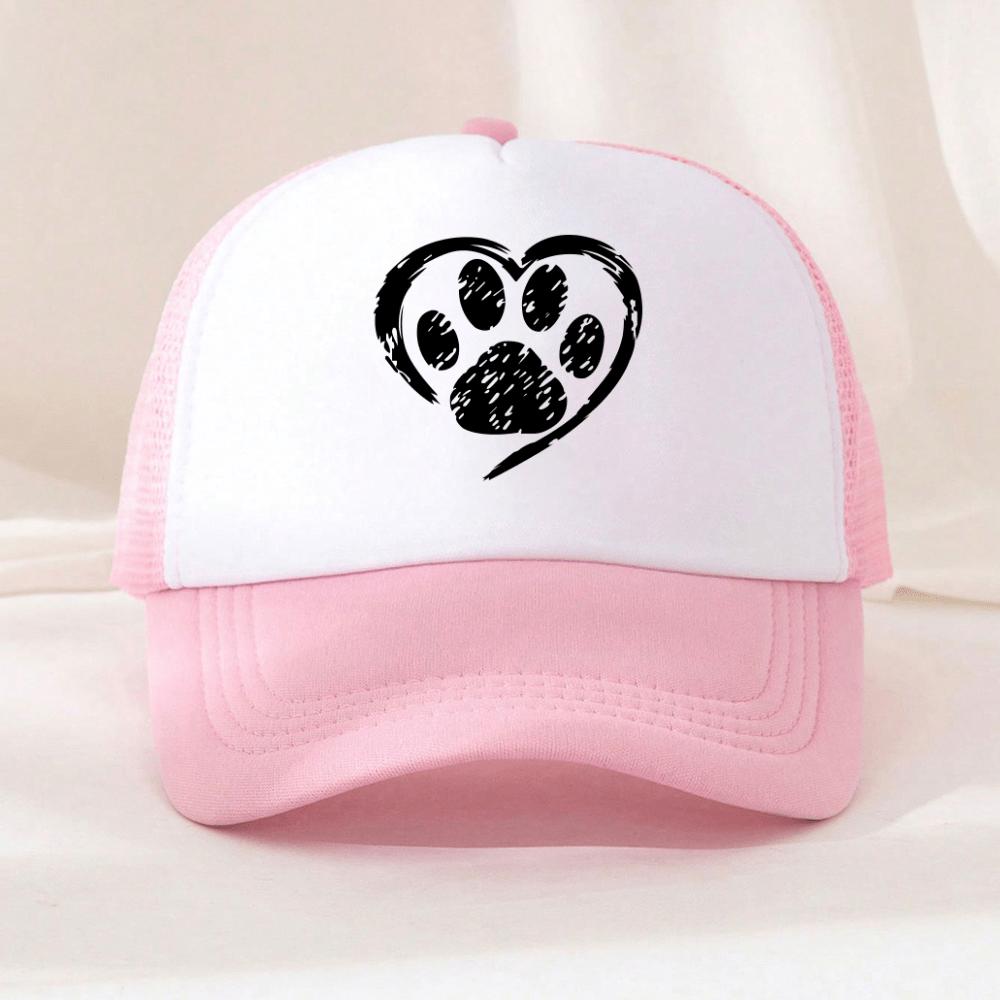 Paw Print Heart Graphic Trucker Hat Breathable Mesh Back Casual Adjustable Snapback Cap for Adults
