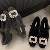 French fluffy shoes thick heel rhinestone single shoes women's 2025 autumn and winter new one-word buckle square head velvet Mary Jane cotton shoes