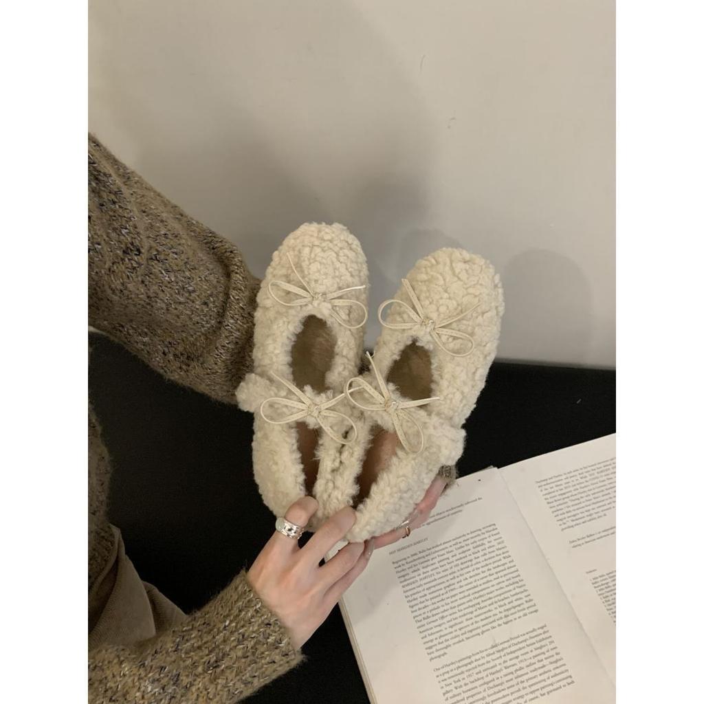 Small height increase plush shoes women wear foreign style in winter, fairy ballet warm Doudou cotton shoes