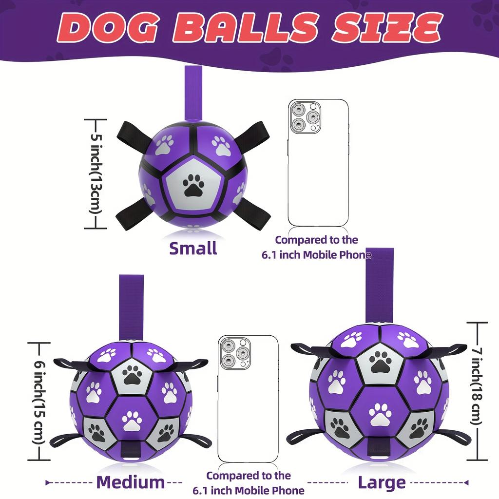 Durable Rubber Dog Soccer Ball with Straps - Interactive Chew-Resistant Pet Toy for All Breed Sizes, Purple &Black with Paw Print Design,Dog Ball Toy