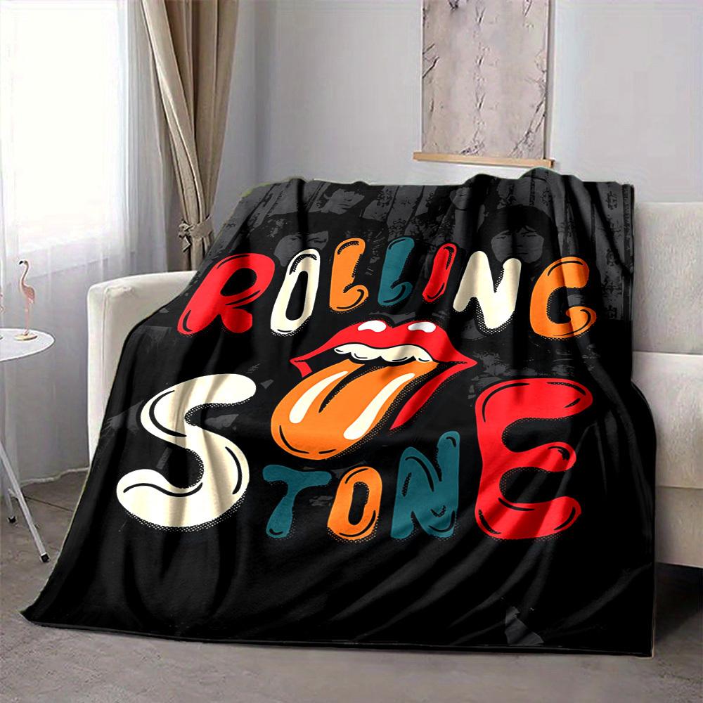 1pc Rolling Stone Flannel Blanket [Cozy Throw Blanket] For Sofa, Bed, Travel, Camping, Livingroom, Office, Couch, Chair, And Bed