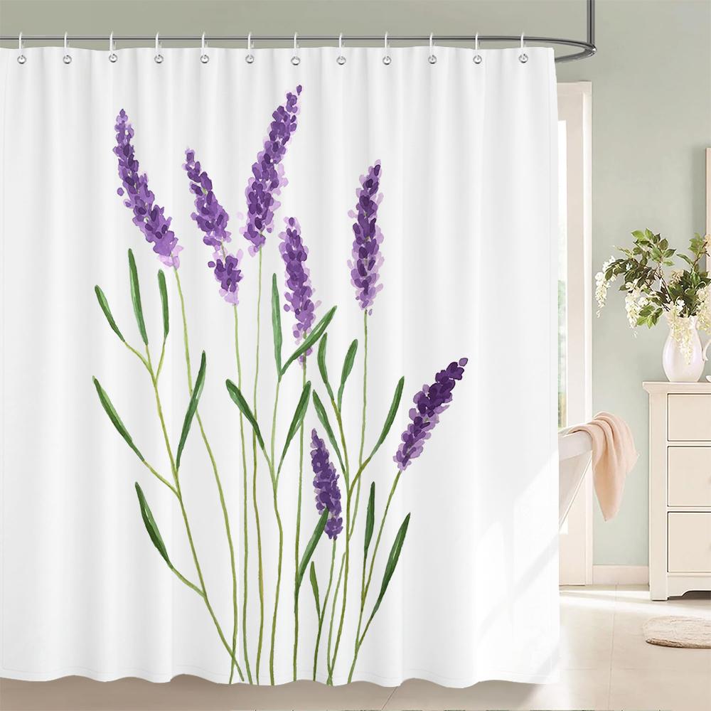 Lavender Shower Curtains Watercolor Purple Floral Plant Waterproof Polyester Bathroom Bathtub Curtain Room Decor With Hooks