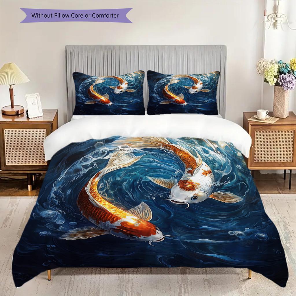 Koi Fish Pattern Bedding Quilt Set Quilt Cover Pillowcase Home Decoration Birthday Gift (1 * Duvet Cover + 2 * Pillowcase, Without Core)
