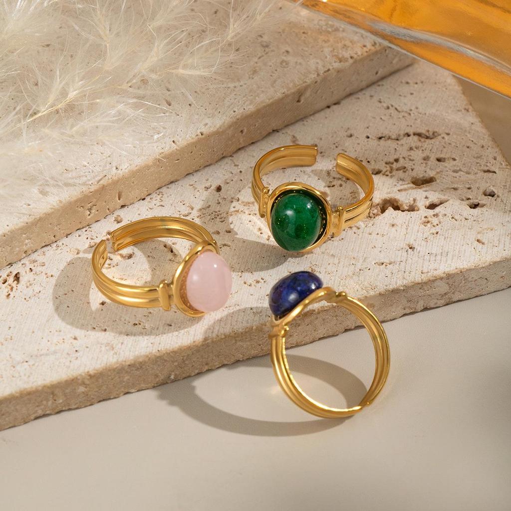 Xia Ling Retro INS Style 18K Gold Plated Natural Stone Open Ring
