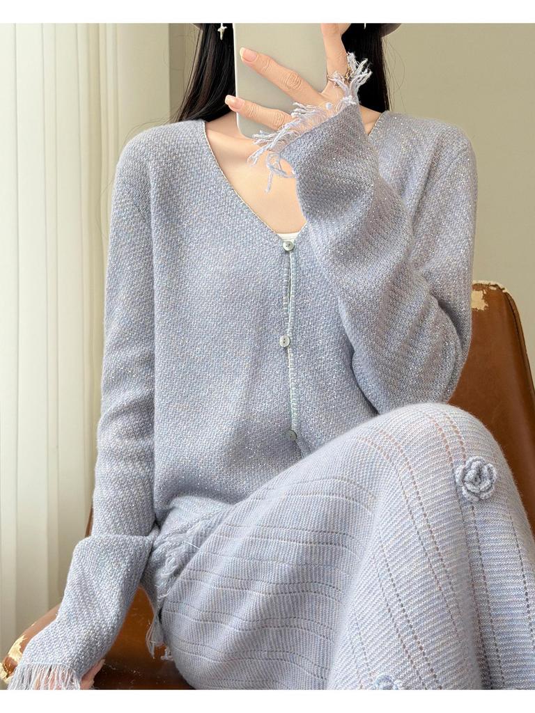 Elegant Lurex-Tassel V-Neck Pure Wool Cardigan: Women's Loose Slimming Knitwear Top