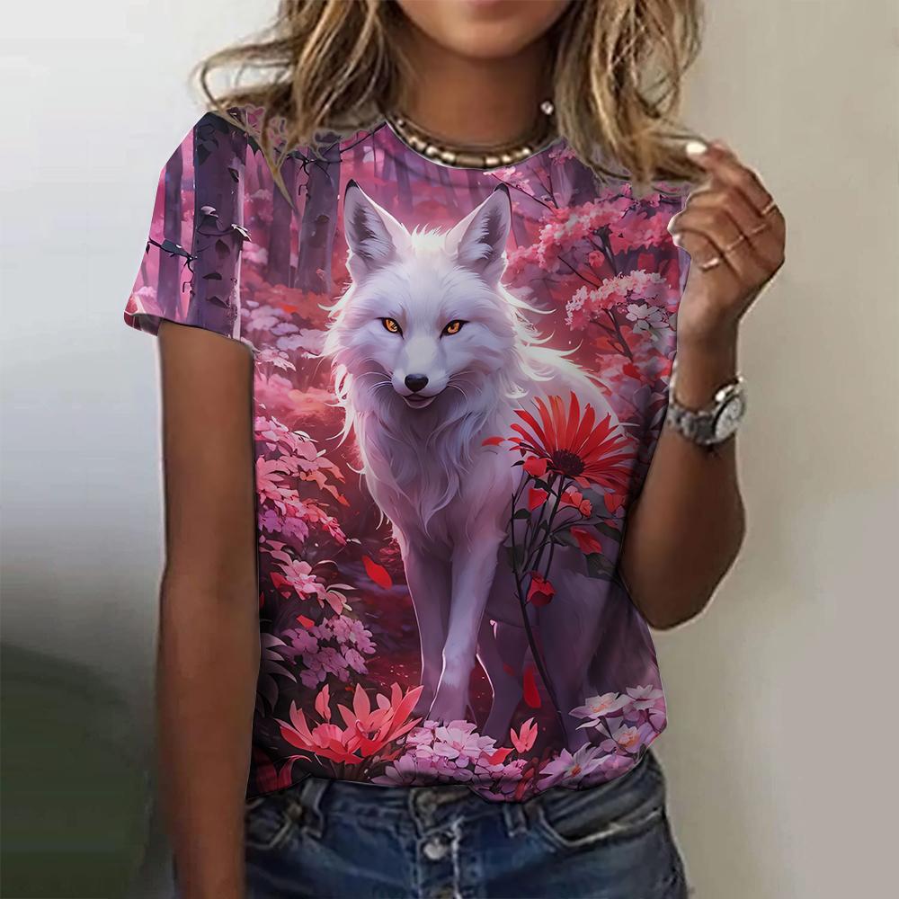 New T-shirt Women Cute Fox Print O Neck Loose Short Sleeve Fashion Animal Graphic Summer Loose T-shirt