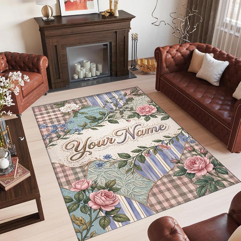 Floral Theme Crystal Velvet Rug Personalized Custom Name Text Soft Floor Mat Home Decor