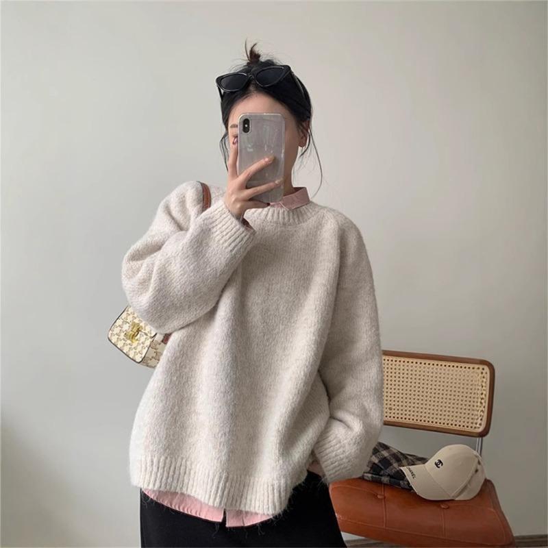 Lazy wind crew neck pullover sweater women's loose large size autumn and winter new thickened high-end knitted bottoming shirt top