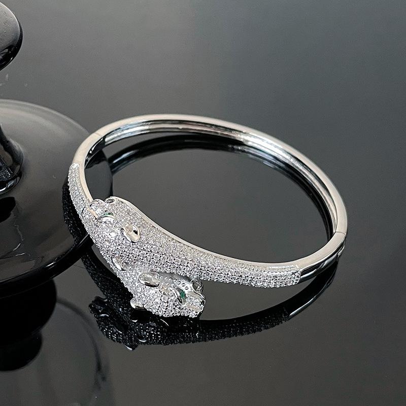 Зеленые Глаза Полные Алмазов Легкая Роскошь Высококлассный Браслет Двуглавый Леопард Голова Леопарда Микро-Инкрустация Циркон Браслет Женский