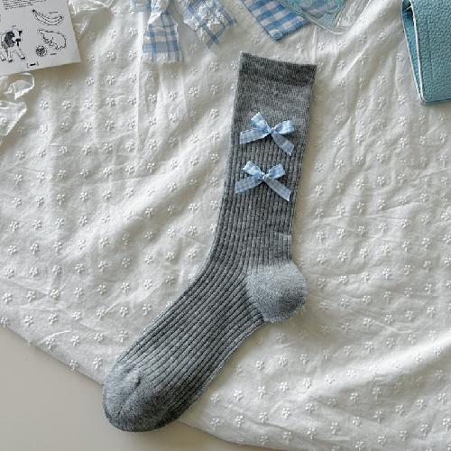 Ballet Style Solid Color Bow Mid Tube Socks Summer Cotton Lightweight Breathable Fashionable Soft Comfortable Casual Women Socks