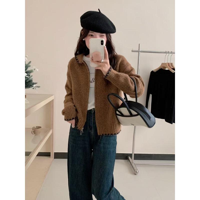 

Real shot doll collar double zipper sweater jacket women s autumn and winter new loose outer wear fashion knitted cardigan One Size коричневий