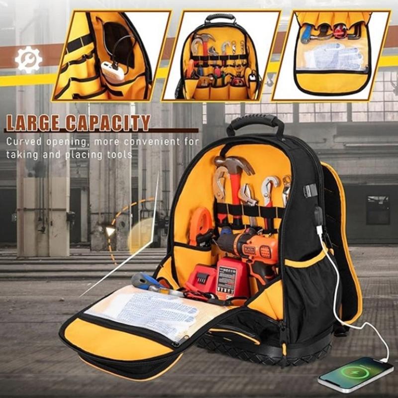 Werkzeugtasche aus Oxford-Gewebe, verstärkte Reißverschlüsse und gepolsterter Schultergurt, Werkzeugrucksack für die Arbeit im Freien