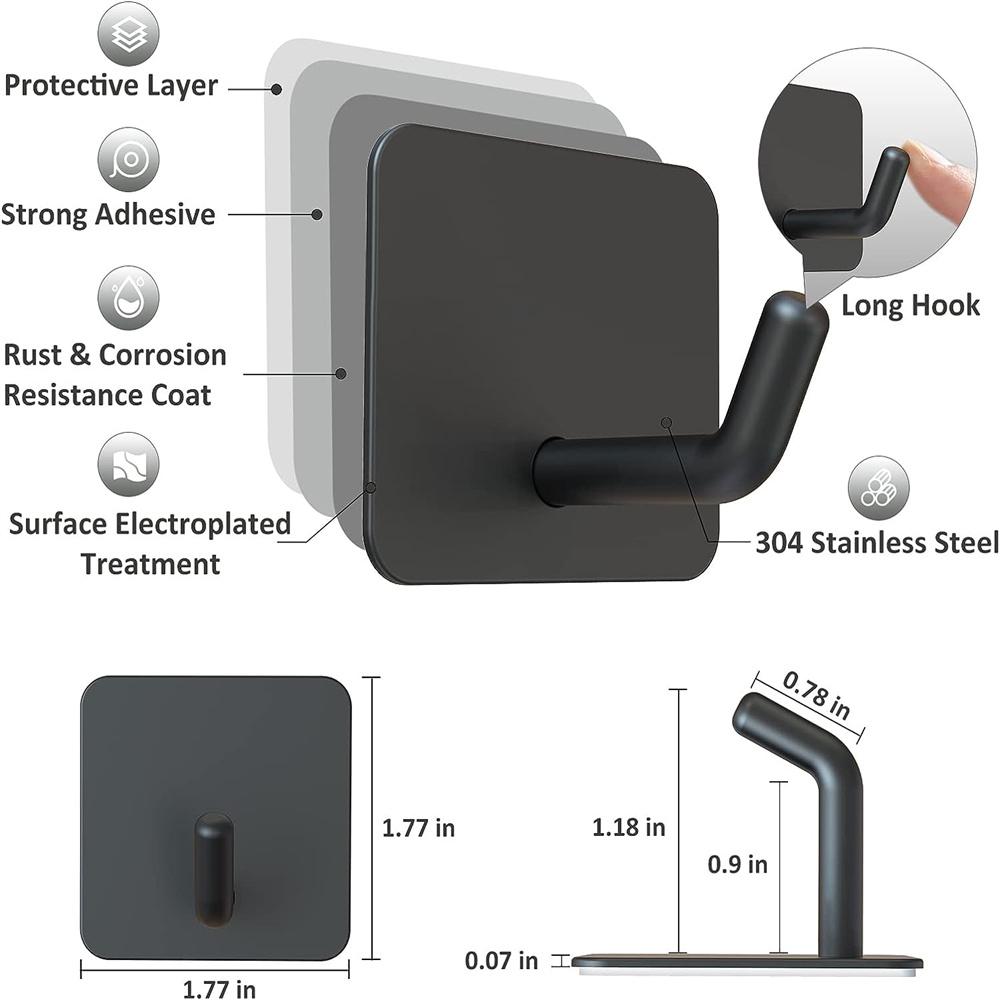 SUS304 Stainless Steel Adhesive Hook Self Adhesive Wall Hooks Hanger Heavy Duty Waterproof Storage Holder Stick On Towel Hooks