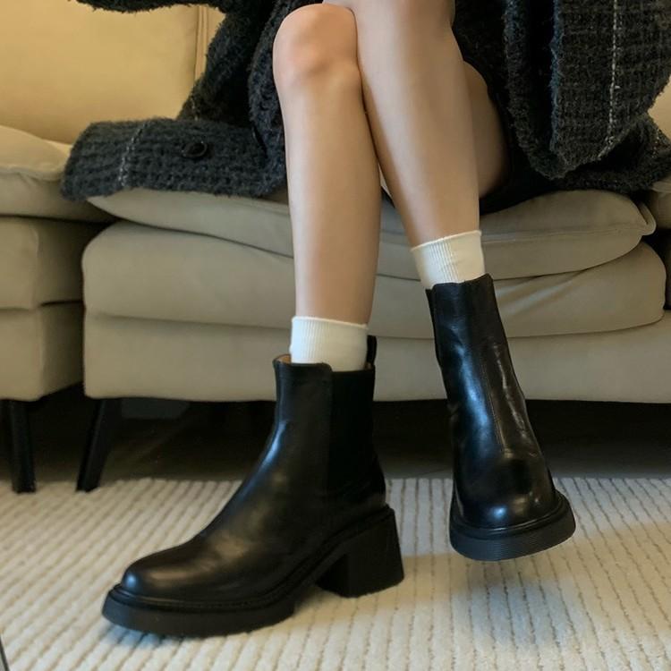 Washed Cowhide~ Elastic Skinny Boots Platform Chelsea Boots British High Heel Martin Boots Thick Heel Short Boots Women