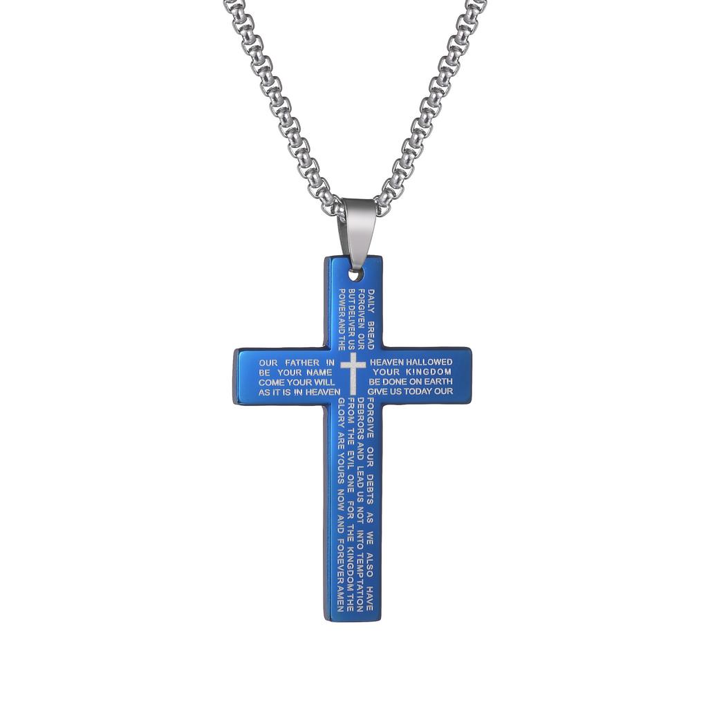 Collana con Croce di Gesù Cristiana per Uomo Donna Catene in Acciaio Inossidabile Choker Religione Ciondoli Blu Gioielli Regali per Preghiera Battesimo
