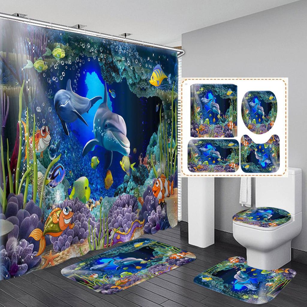 Fashion Sea World Dolphin Shower Curtain Set Bathroom Shower Curtain Set Non-Slip Bath Mat Toilet Lid Cover Polyester Waterproof