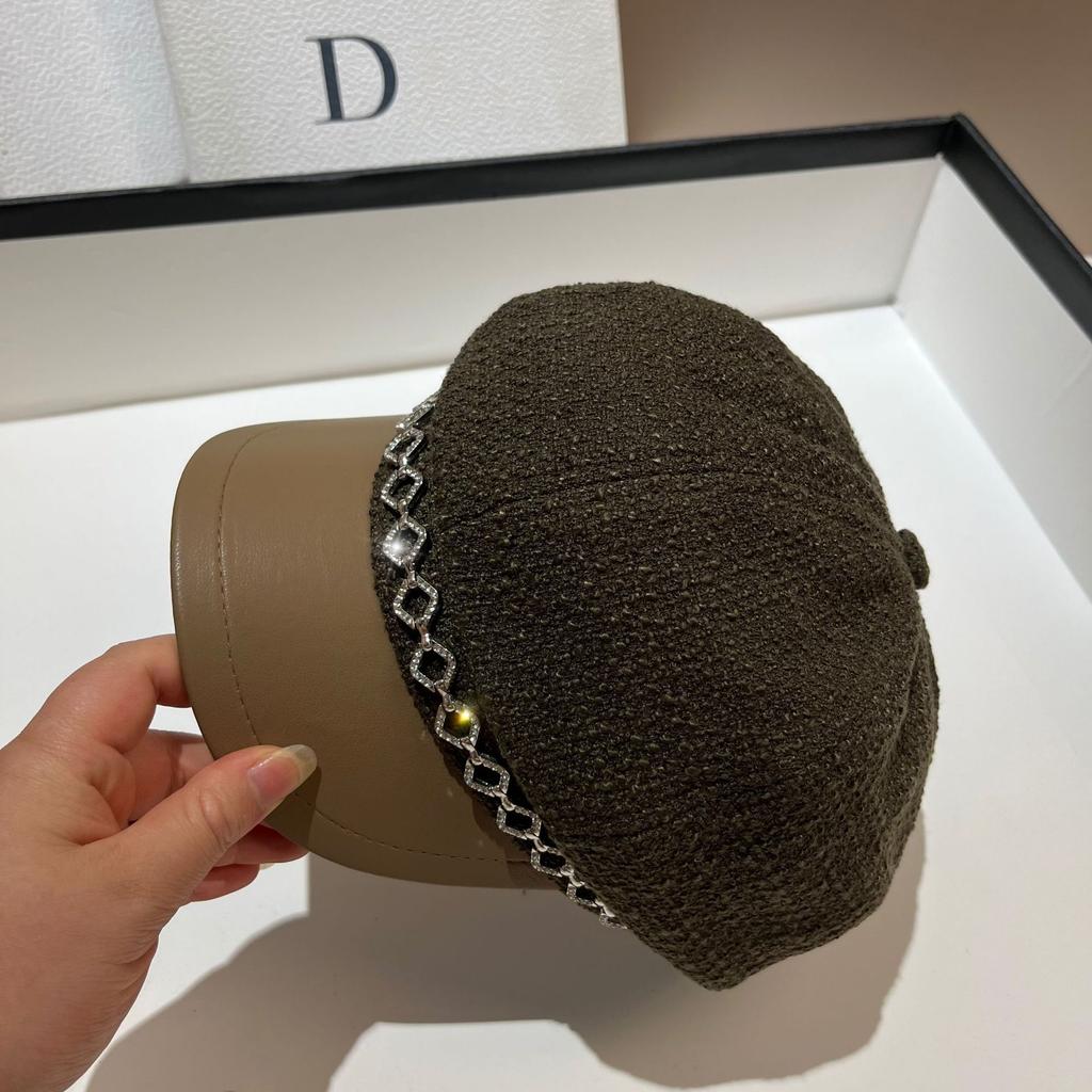 Spring And Autumn Small Fragrant Wind Coarse Tweed Light Luxury Rhinestone Strip Octagonal Hat European Old Money Wind High Quality Duck Tongue Beret