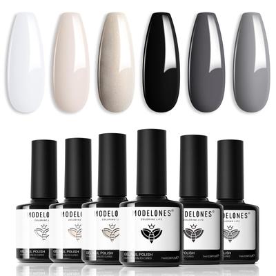 Conjunto de Esmalte em Gel Modelones, 6 Géis Coloridos em Branco, Preto, Cinza e Mais, Perfeito para Iniciantes e Iniciantes, Preto e Branco