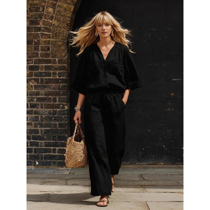 

2026 New Simple Button Top and Wide-Leg Pants Linen Casual Women s Suit XS чёрный
