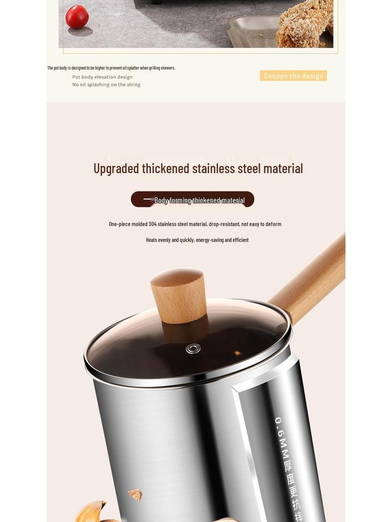 304 Stainless Steel Deep Fryer with Wooden Handle and Filter Basket for Induction Cooker