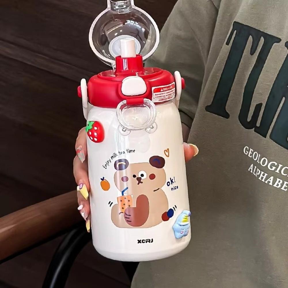 Large Capacity Thermal Cup Double Drinking Straw Coffee Cup Cute Vacuum Cup  for Children