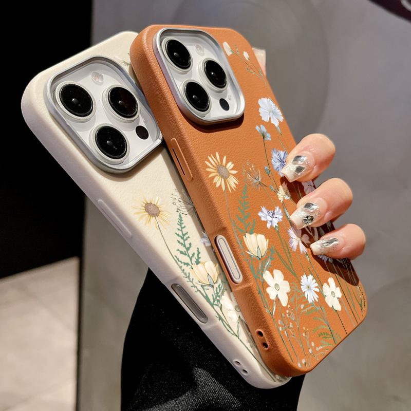 Silikonowe etui na telefon z teksturą białej skóry z kwiatowym wzorem dla iPhone 16 15 Pro 14 13 12 Pro Max 14 15 Plus 11 16e Magnetyczne do ładowania bezprzewodowego Magsafe