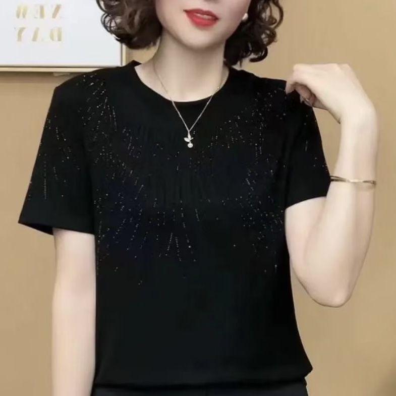 Middle-aged Short-sleeved T-shirt Women's Summer Western Style Solid Color Round Neck Casual